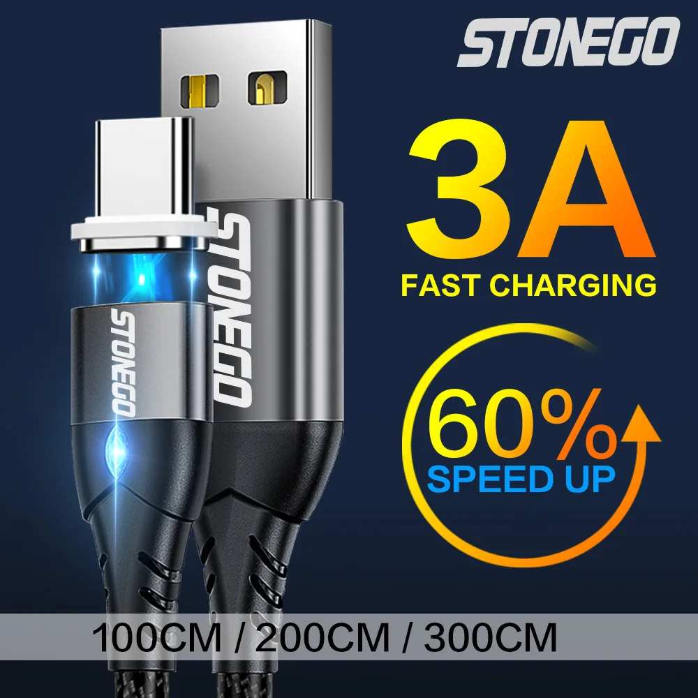 

STONEGO 3A Magnetic USB Cable, Diamond Style LED Indicator, Fast Charging & Data Sync Type-C/ Micro USB Sturdy Nylon Cord