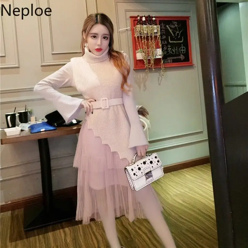 Neploe/осенне-зимний Однотонный свитер с длинными рукавами и высоким воротником+ Очаровательная юбка с кружевом и высокой талией комплект из 2 предметов с накладками, 46908