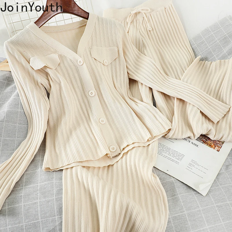 

JoinYouth Knitted Solid 2 Piece Set Women 2020 Spring All Match V Neck High Waist Wide Leg Pants Korean New Two Piece Set J591