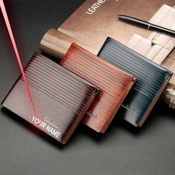 

Personalised Man's Wallet Free Engraving Name PU Leather Money Case Stripe Pattern Short Style Male Card Holder Wallet