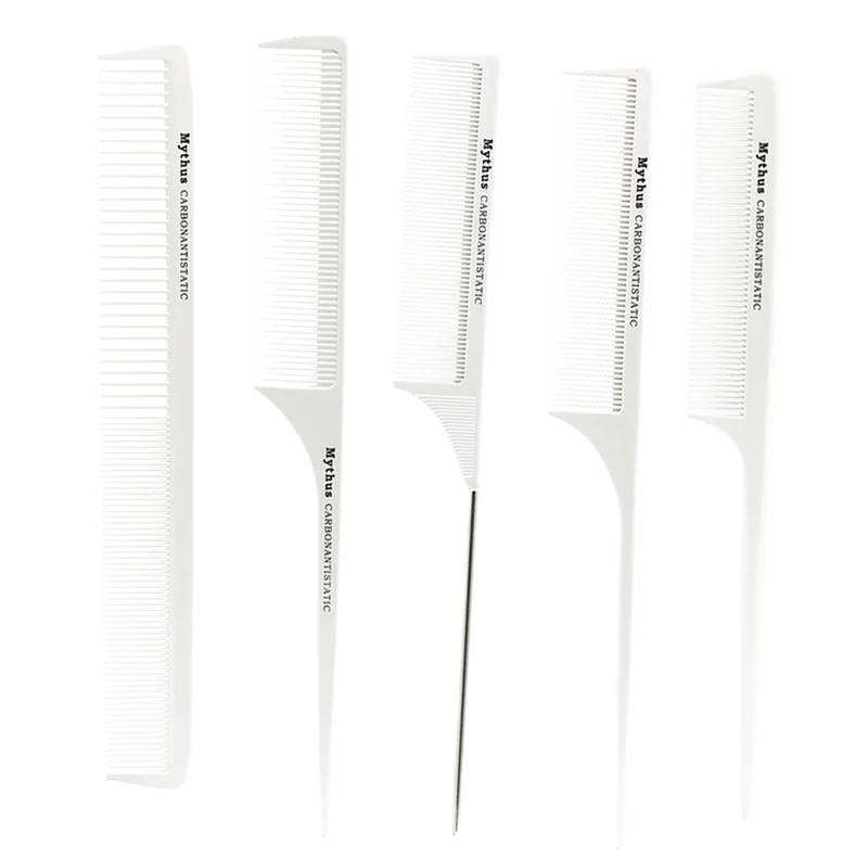 10 Pcs Set Professional Hairdressing Tail Comb In White Color, Barber Hair Cutting Carbon Comb T-11 Anti Static Hairstyling 3