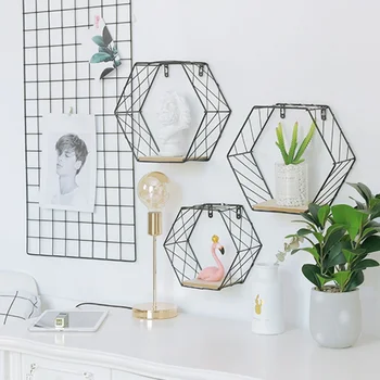 

Wrought Iron Hexagonal Grid Wall Shelf Black Grid Style Small (no backboard) Home Garden Decoration Crafts