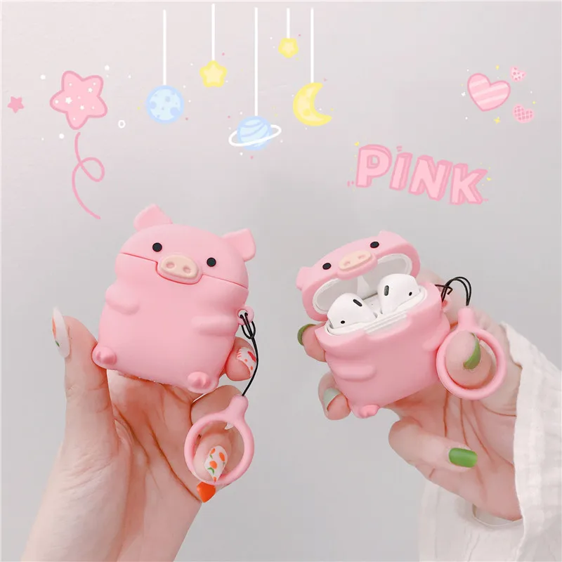 

3D Pink Pig Cute Cartoon Silicone Earpods Case for Airpods 2 Wireless Earphone Protective Cover for Apple Airpods 1/2 with Strap