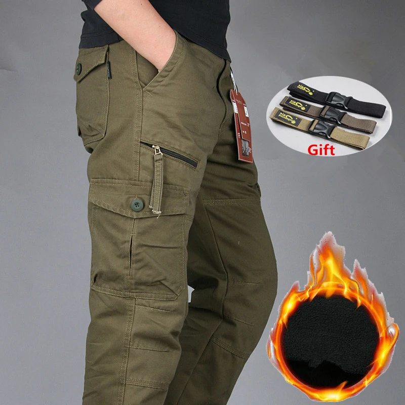 Зимние толстые теплые брюки карго мужские двухслойные хлопковые флисовые комбинезоны свободные брюки с несколькими карманами мешковатые военные тактические брюки