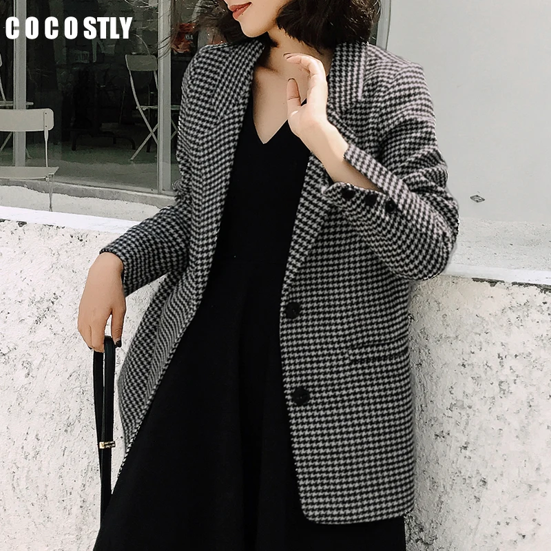 Plaid Blazers suit female jacket Long sleeve casual temperament long retro plaid suit women blazers and jackets veste femme