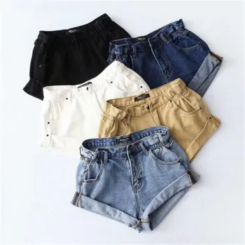 

Vintage black Khaki cotton denim shorts women elastic high waist shorts Summer casual hot slim jean shorts clothing 2019