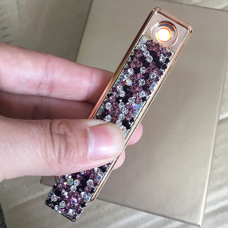 Bling Crystal USB Charging Double-sided Diamond Lighter Windproof Flameless Electronic Cigar Cigarette No gas Electric Lighters - Название цвета: Purple