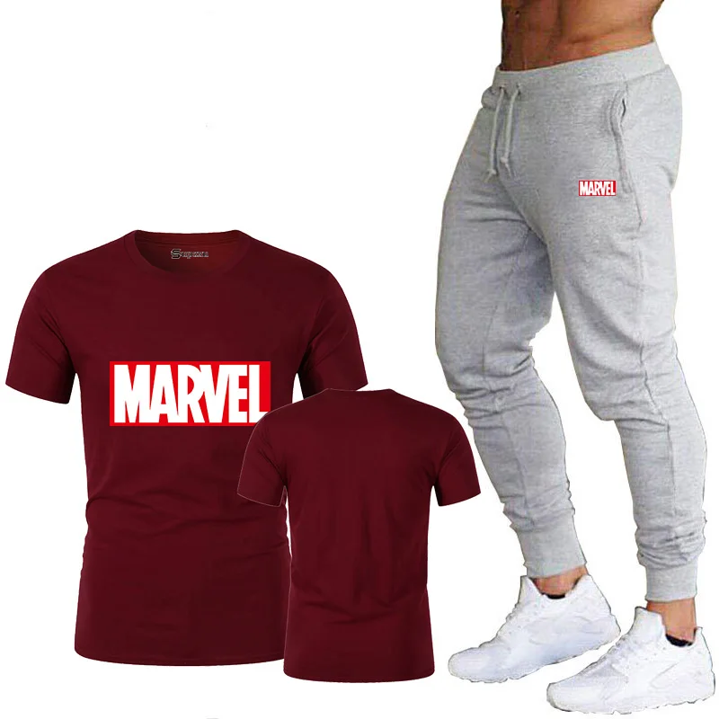 Новинка, модная мужская и женская футболка, Мстители, Marvel, надпись Marvel, мужская футболка+ спортивные штаны, футболка, комплект