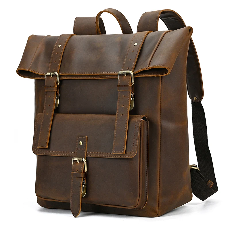 Genuine Leather 17 Laptop Backpack Travel Roll Top Rucksack