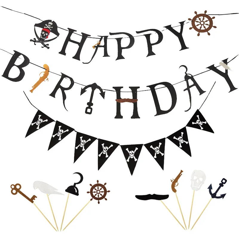 JQSYRISE Pirate Skull Happy Birthday Banner Cupcake Toppers Kids Party Bunting Garland Baby Shower Flag Supplies | Дом и сад