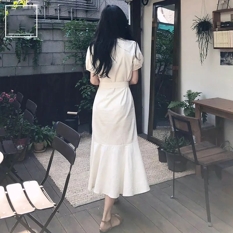 Elegant Dress Long Woman Cute Short Sleeve Korean Japan Style Clothes Date  Wear Temperament Lady Button Shirt Dress Ruffled 5331