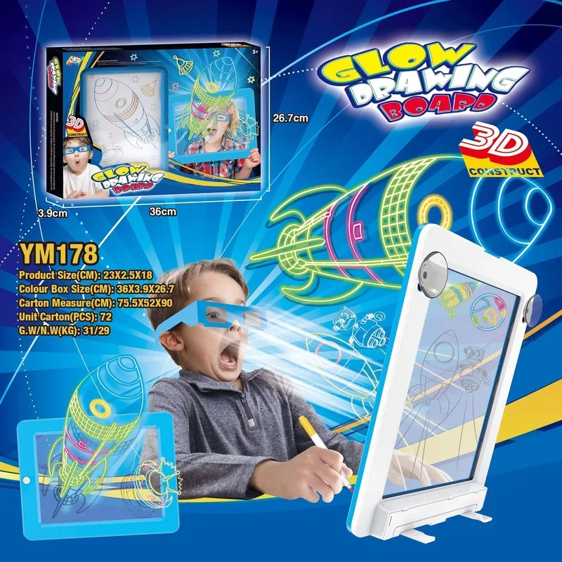 

3D Magic Drawing Board Toys Cartoon DIY LED Stereo Transparent Drawing Tablet Set Luminous Handwriting Board Kids Birthday Gift
