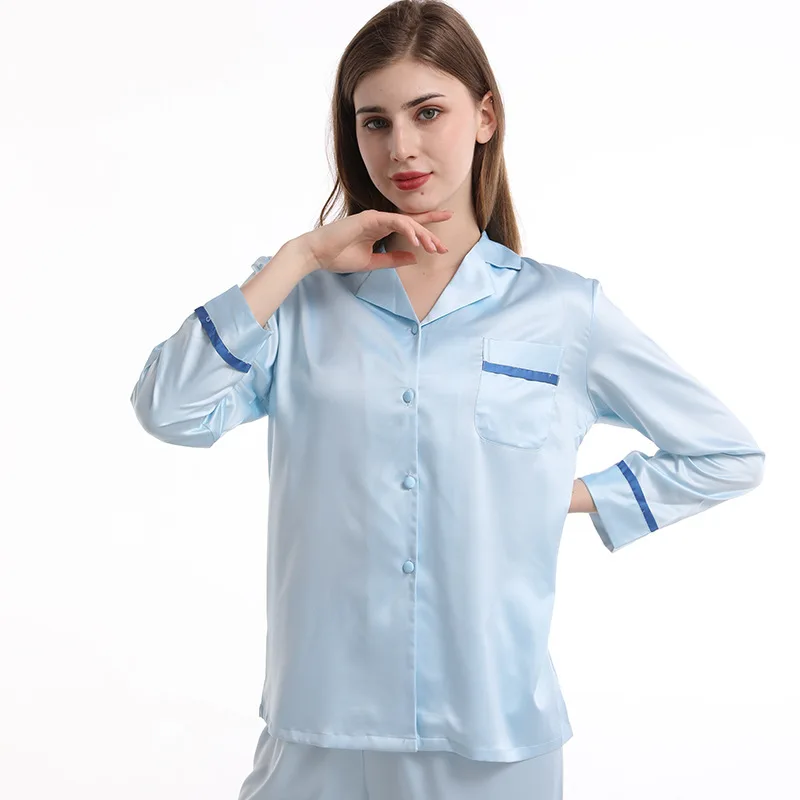 

Women's Silk-like Pajamas Simple Long-sleeved Trousers New Home Service Spring, Summer and Autumn Ice Silk Women's Solid Color