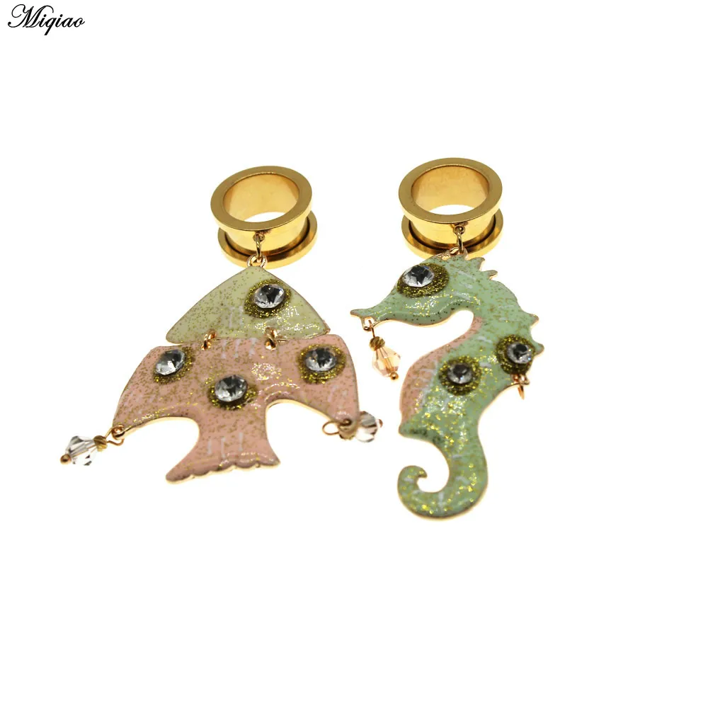 Miqiao 2pcs Body Piercing Jewelry Ear Gauges Plugs Tunnels Stainless Steel Seahorse Fish Asymmetric Earrings  Expander 6-25mm