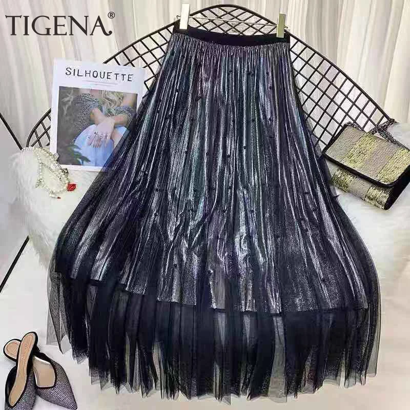 Женская юбка из тюля TIGENA, длинная плиссированная юбка с развальцовка для женщин на осень-зиму