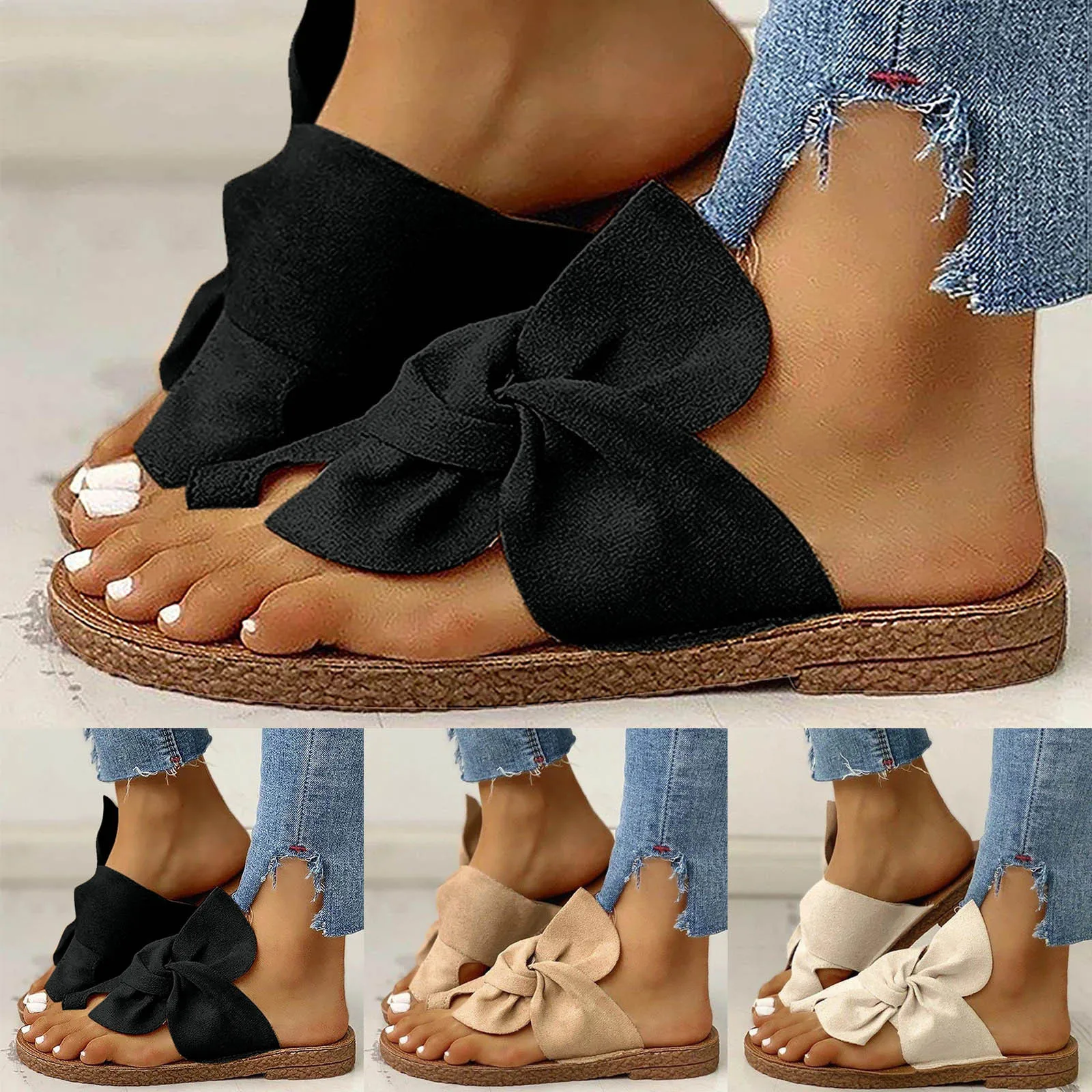 Fashion Causal Slippers Women Summer Outdoor Open Toe Slide Bow-Knot Comfy Sandals Low Heeled Shoes chaussure femme | Обувь