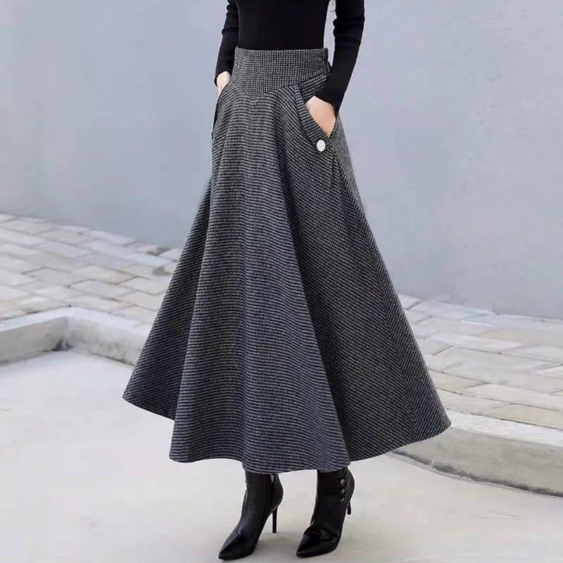 Осенняя зимняя твидовая юбка с высокой талией, Женская шерстяная расклешенная плиссированная юбка средней длины, винтажная длинная юбка в полоску размера плюс с карманом - Цвет: gray woolen skirt