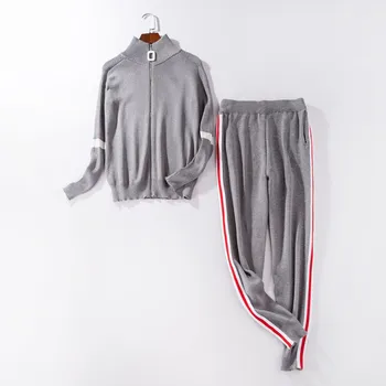 

Women Autumn Tracksuit Casual Sets Turtleneck Knitting 2 Piece Sets Pockets Long Sleeve Striped Pants Suits