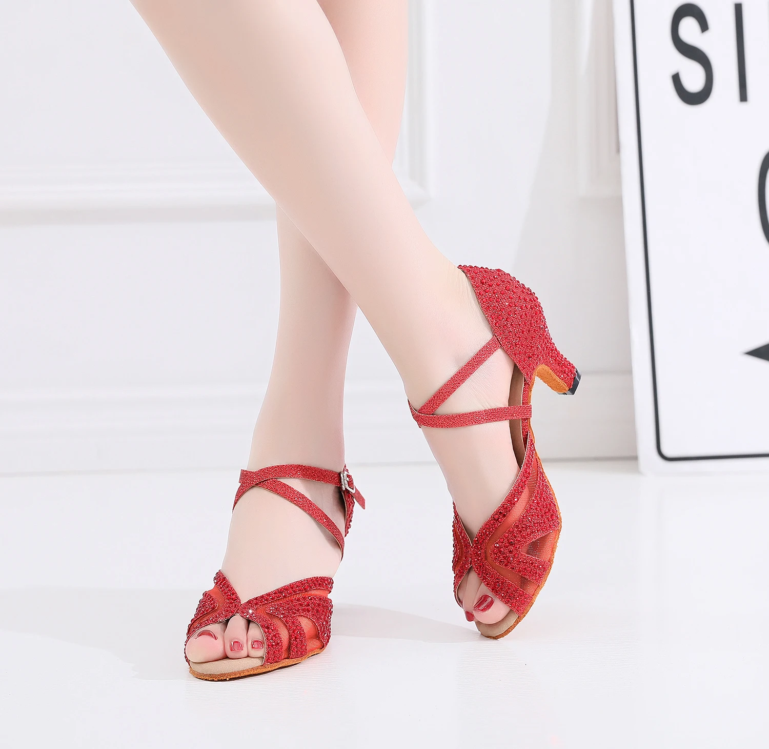 

Salsa Ballroom Practice Women's Latina Dance Shoes Woman Cow Spit Outsole Ladies Line High Heels 7.5cm Sandals 1027