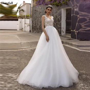 

Thinyfull Beach Wedding Dresses 2021 Lace Appliques A-Line Boho Bridal Gowns With Train Backless Country Customized Vestidos