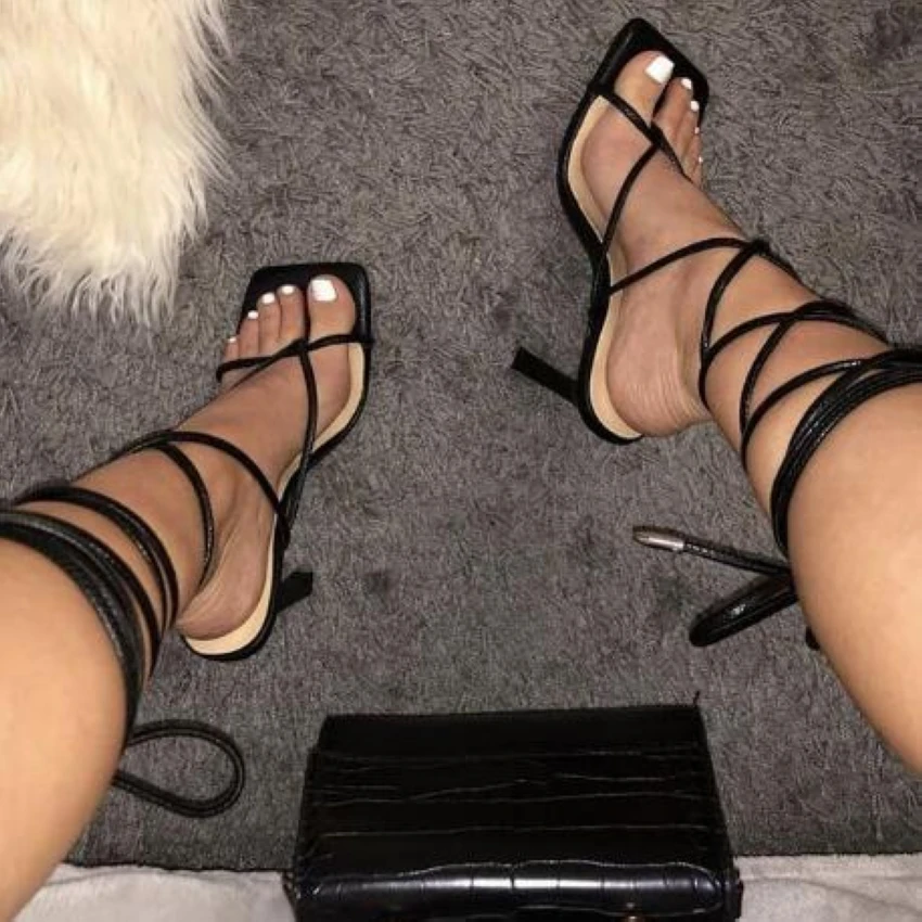 Summer White Black Women Sandals Fashion Cross-Tied High Heels Shoes Sexy Lace Up Party Pumps shoes Woman Size 35-42