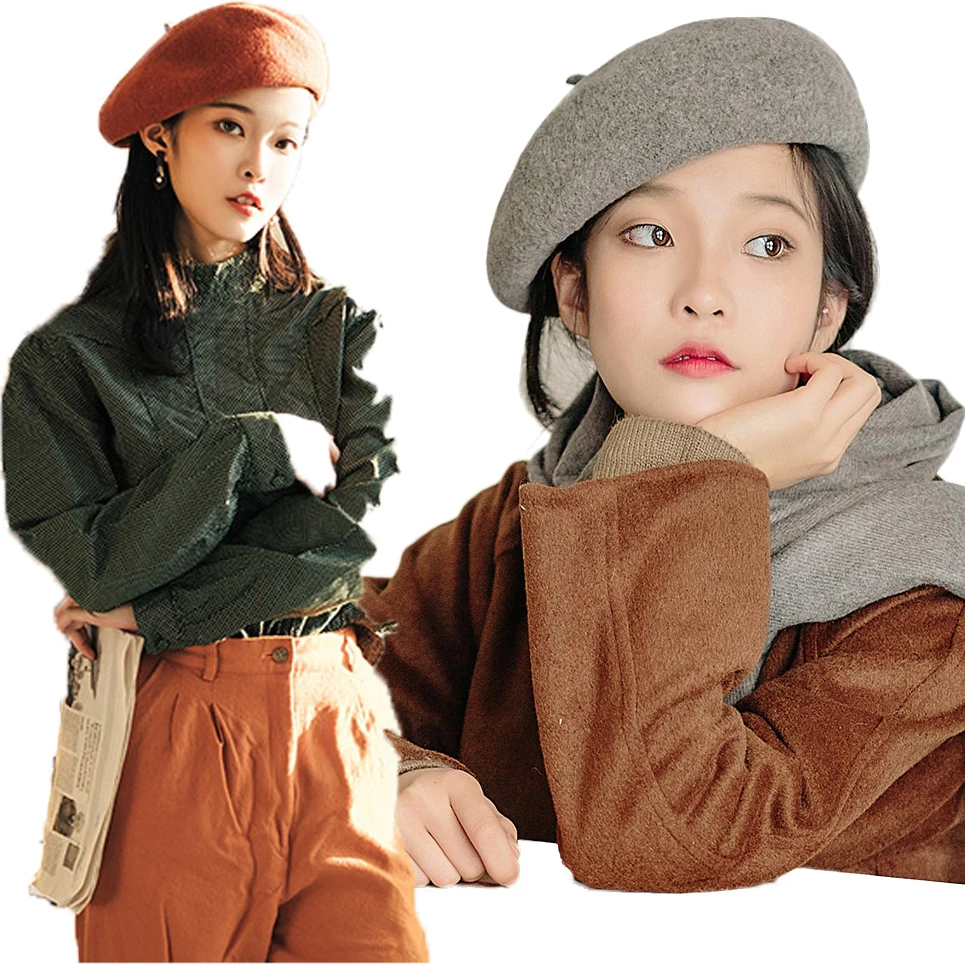 

French Beret Hat Women Autumn Winter Plain Cap Wool Warm Street Outdoor Shopping Stylish Berets Femme Girl's Beanie Hats Caps