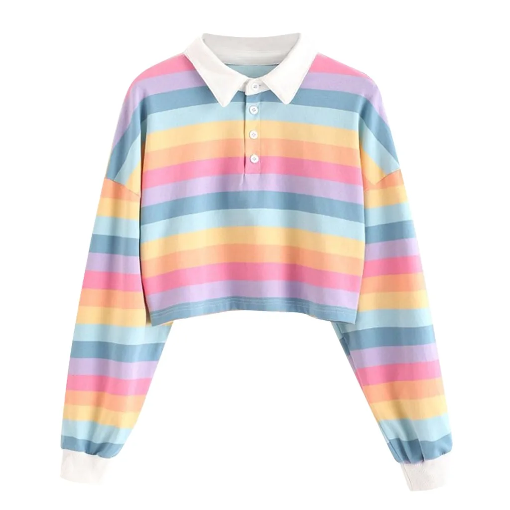  Contrast Striped Rainbow Half Button Crop Sweatshirt Short Polo Shirt Long Sleeve Women Shirts Autu