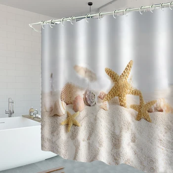 

180*180cm Beach Shell Printed Shower Curtain With 12Pcs Hooks Waterproof Thickened Oxford Cloth Bathroom Curtains Bath Decor