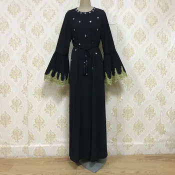 

Dubai Muslim Open Abaya Dress Women Diamond Outwear Loose Long Robe Lace-up Turkey Islamic Clothes Trumpet Sleeve Hijab Vestidos