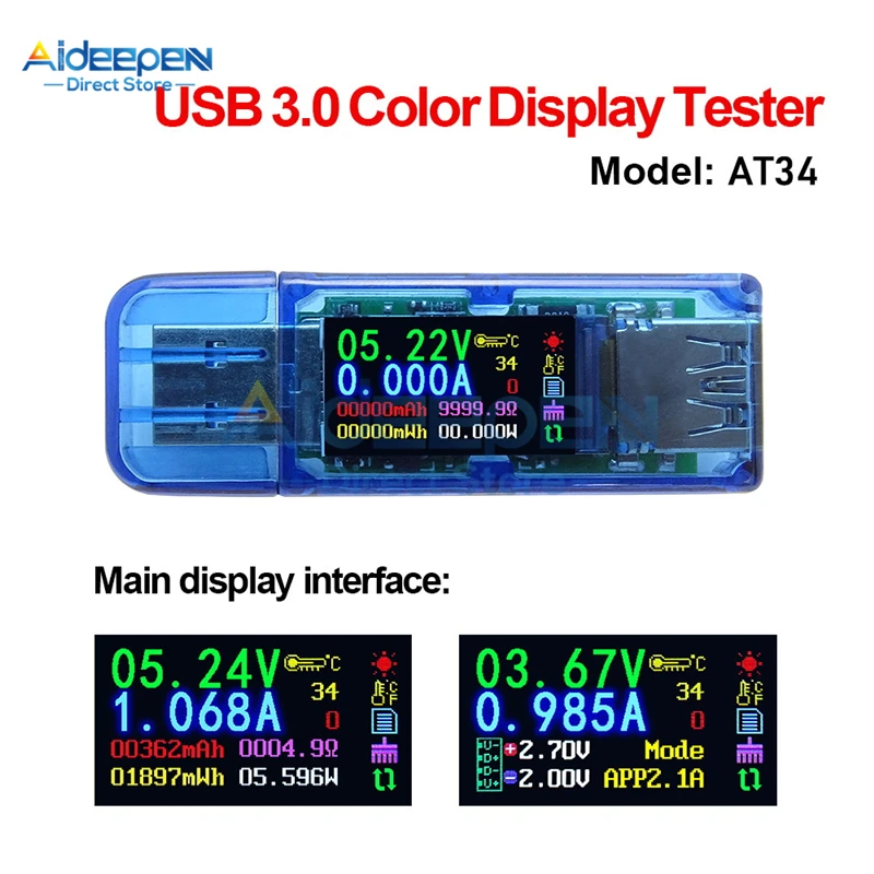 AT34 USB 3 0 цветной жк-дисплей вольтметр амперметр измеритель напряжения тока