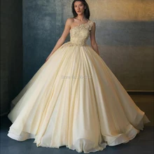 Сексуальное свадебное платье цвета шампанского на одно плечо роскошное бальное платье с кружевной аппликацией и бусинами, свадебные платья для невесты, длинное платье без рукавов