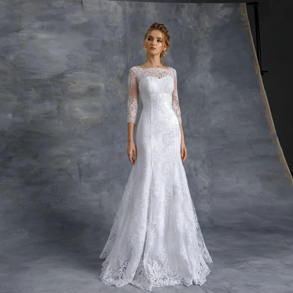Новое поступление белое свадебное платье Русалка Vestido De Noiva Sereia рукав три четверти аппликация фатиновое годе свадебное платье