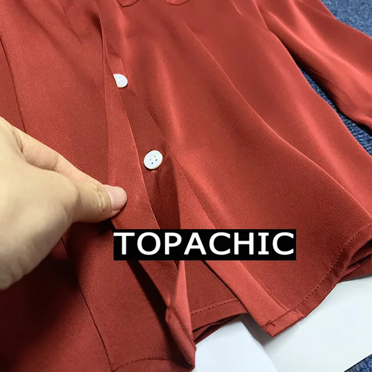 12,18 Женская шелковая рубашка, новая мода, отложной воротник, закрытая пуговица, карман, украшение, длинный рукав, темпераментная блузка