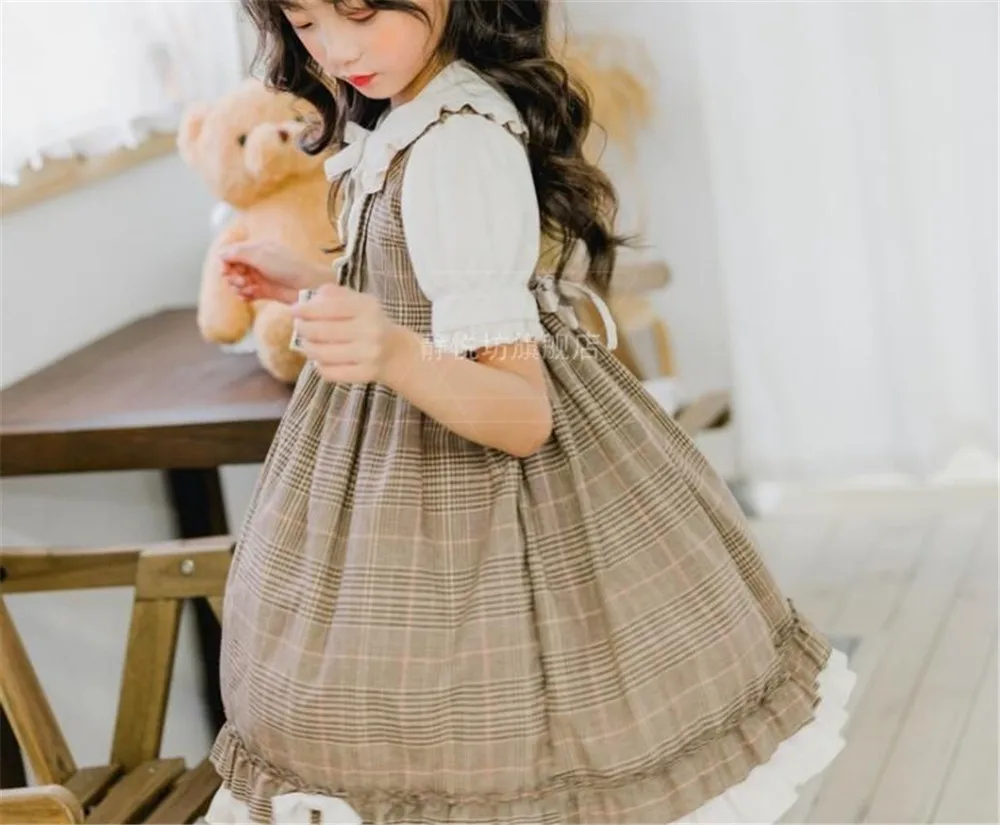 Sweet lolita dress vintage bowknot high waist short/long sleeve lattice victorian dress kawaii girl kids B817
