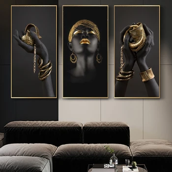 

Large Black Hands Holding Golden Jewelry Canvas Painting On the Wall Art Posters and Prints African Woman Art Picture Home Decor