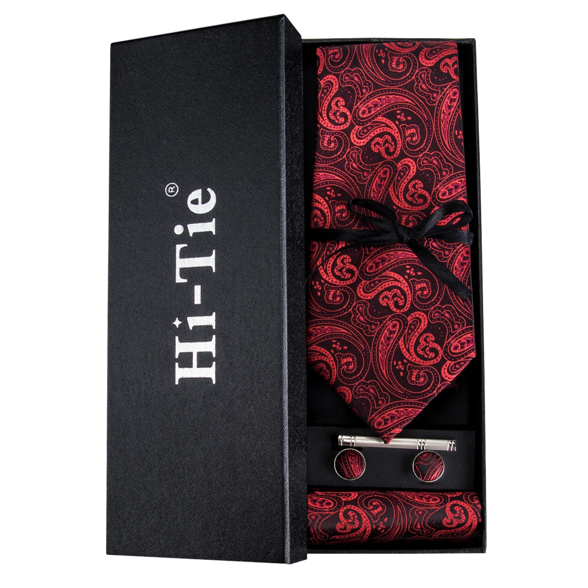 Paisley Tie for Men Silk Wedding Ties Red Cravat Necktie Set Cufflinks Tie Clip Gift Box for Husband Male Hi-Tie HT-314