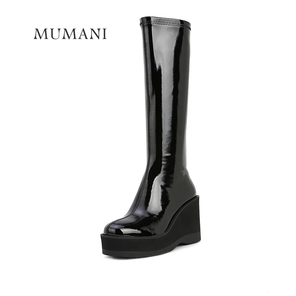 MUMANI Woman‘s 2021 New Knee High Boot Modern Boots British Style zipper Wedges Round Toe Sheepskin Stretch Boots image_1