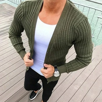 

2020 Autumn Sweater Men V-Neck Solid Slim Fit Knitted Mens Sweaters Cardigan Male Autumn Long Sleeve Solid Casual Tops