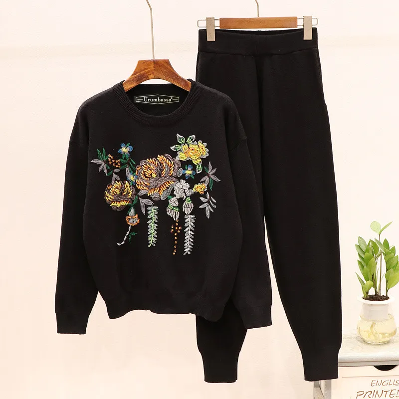 

2019 Autumn pearls beading floral sweaters+casual pants two piece set Chic women's leisure suit A989