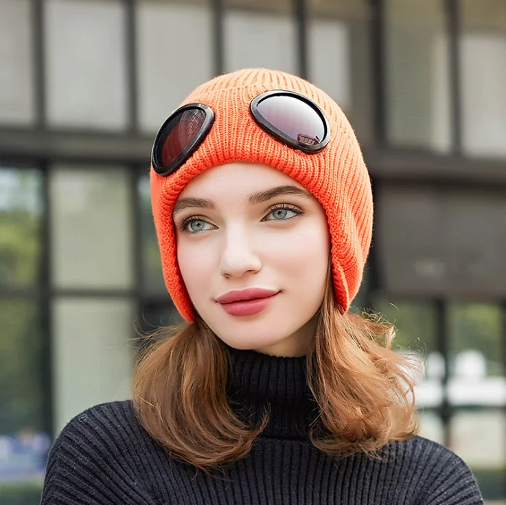 orange Теплая зимняя вязаная шапка skullies beanies, женская брендовая Высококачественная зимняя женская ветрозащитная теплая шапка с глазами, вязаные шапки - Цвет: orange