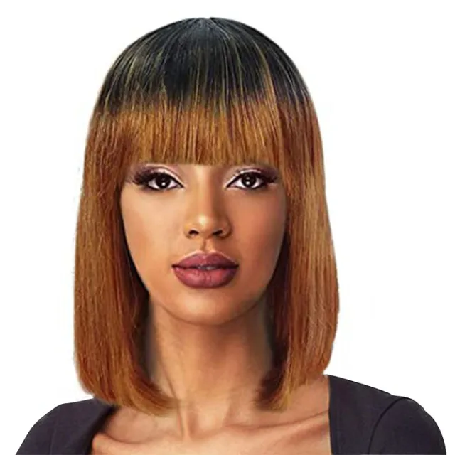 SSH Short Human Hair Wig with Fringe for Women Straight Remy Hair Bob Wigs With Bangs Dark Brown Balayage Highlight Ombre Color OT1B30