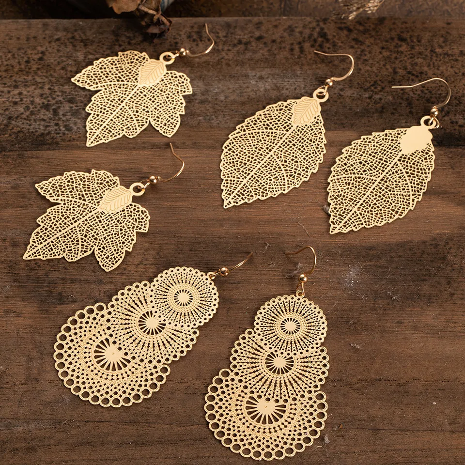 Vintage Long Metal Tassel Fringe Earrings for Women Statement Jewelry Big Round Geometric Leaf Stones Leopard Feather Earring (60)