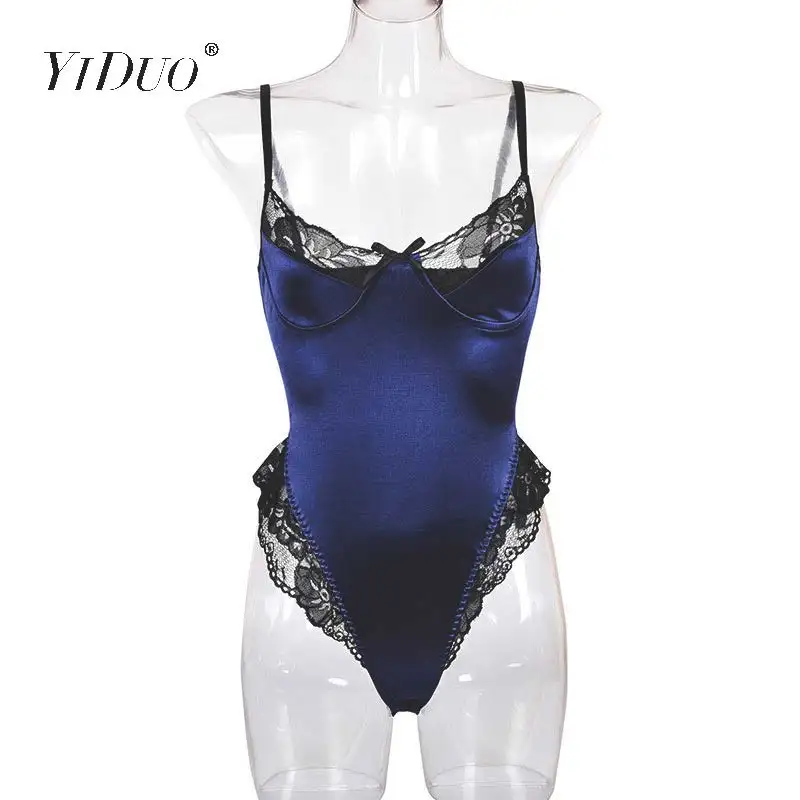 Royal Blue YiDuo кружевной лоскутный сатиновый костюм сексуальный комбинезон с открытой спиной обтягивающие женские топы Боди Цельные модные Клубные Вечерние боди зеленого цвета - Цвет: Royal Blue