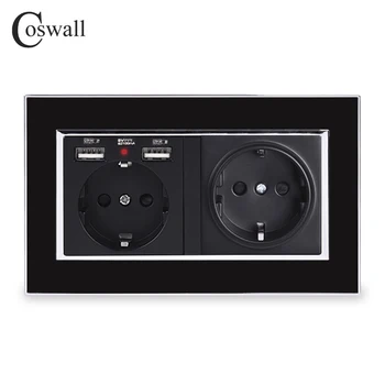 

COSWALL Brand Double Russia Spain EU Standard Wall Socket With 2 USB Charge Port Hidden Soft LED Indicator Black Acrylic Frame