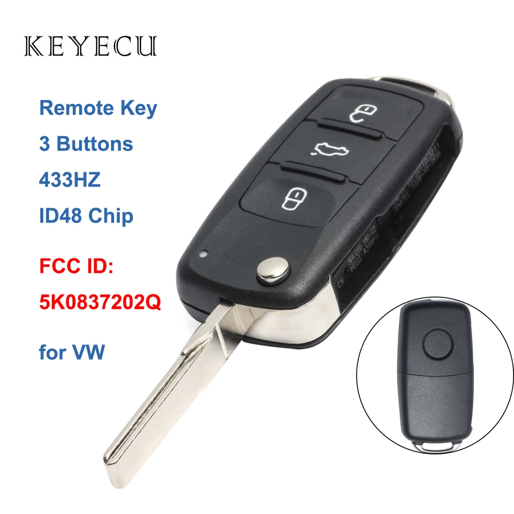 Дистанционный ключ брелок от машины Keyecu 3 кнопки 434 МГц ID48 для Volkswagen Beetle Caddy Golf Jetta