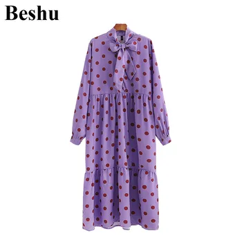 

za 2020 fashion midi dress women purple satin bow collar dots upper single-breasted dress folds lantern sleeve elegant vestidos