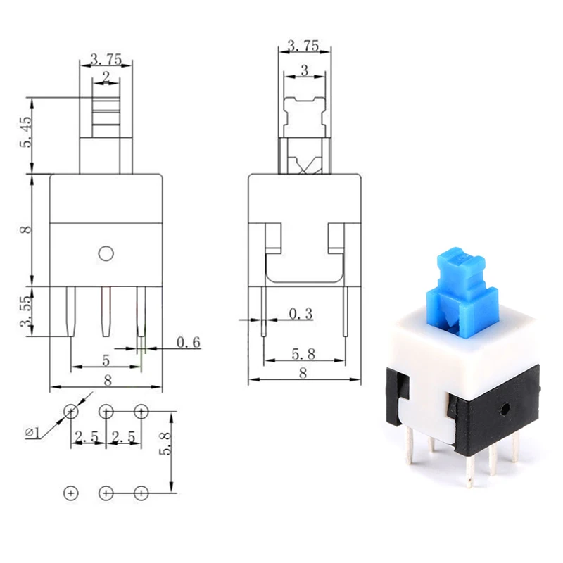 20Pcs Push Button Switch 8X8mm Blue Cap DPDT Self-locking Type Square Button Switch 88 6Pin Multimeter (5)