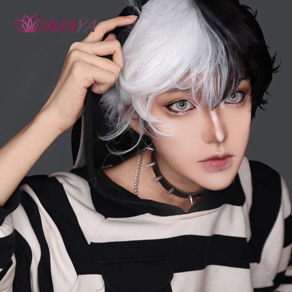 Huaya Men Short Wig Black White Splits Synthetic Wig With Bangs For Boy  Costume Anime Cosplay Wig Slight Curly Natural Hair - Synthetic Wigs(For  Black) - Aliexpress