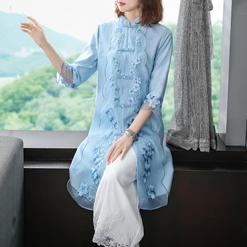 

2020 Summer Embroidery Trench Coats Women High Quality Elegant Three Quarter Sleeve Cheongsam Trench