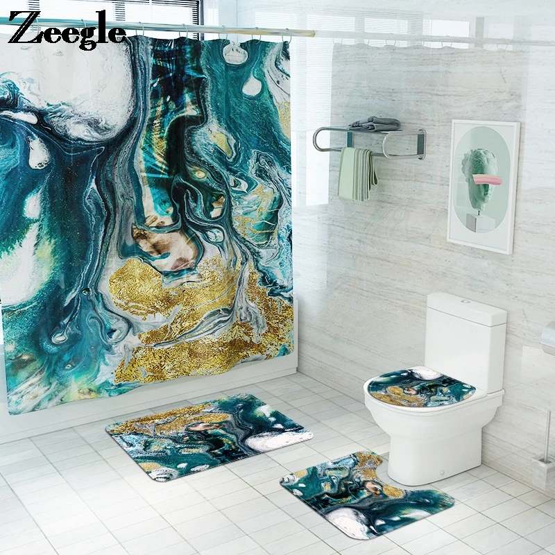 Home Decoration Toilet Mat Set Bath Mat Set for Bathroom Carpet Rug Waterproof Shower Curtain Anti-slip Floor Carpet Set